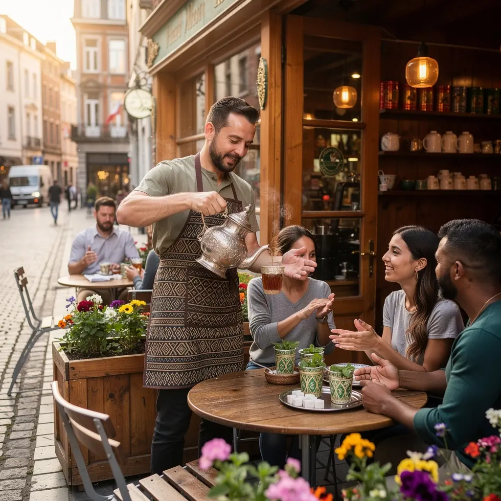 Théière en métal décorée versant du thé à la menthe dans des verres colorés.