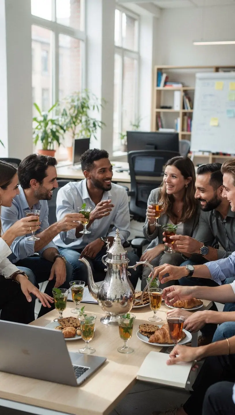 Table extérieure sous un olivier, prête à accueillir un service de thé traditionnel.