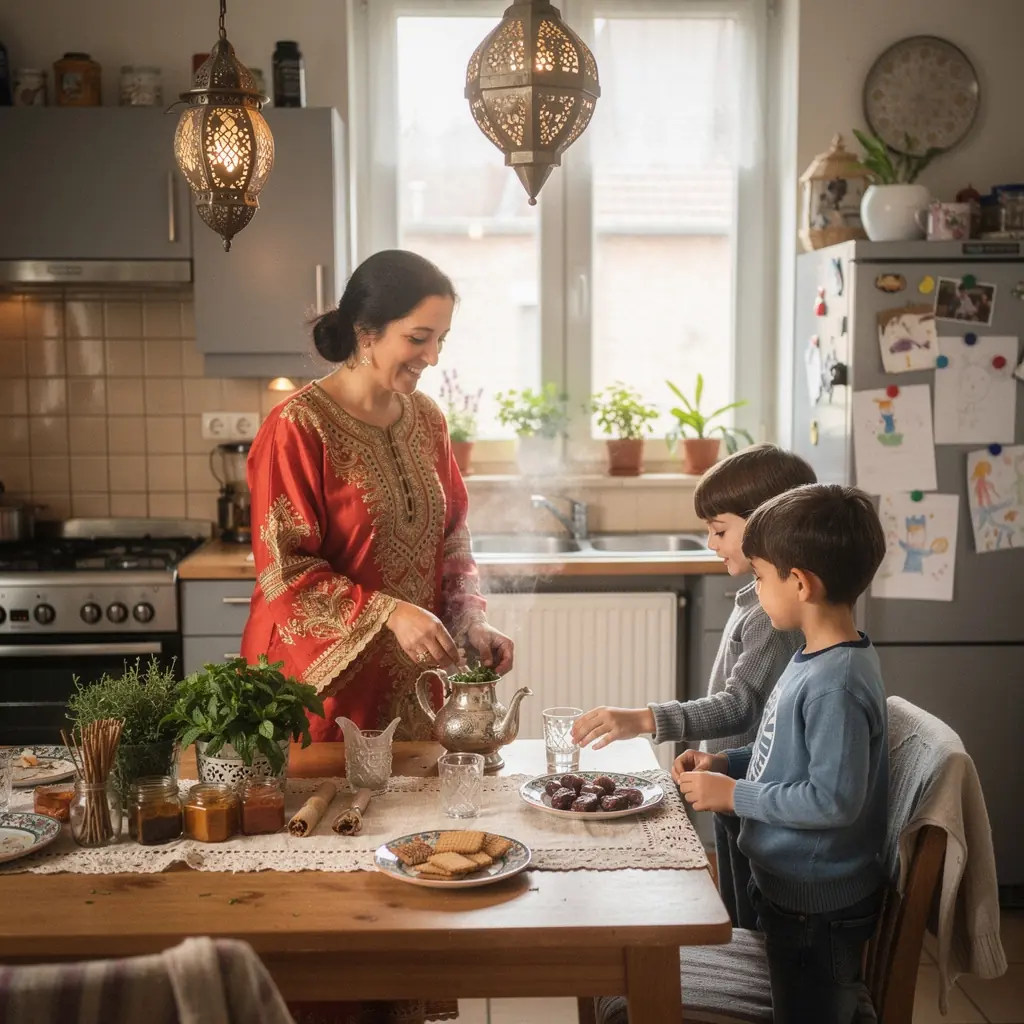 Plateau en métal rempli de verres à thé et de douceurs marocaines.