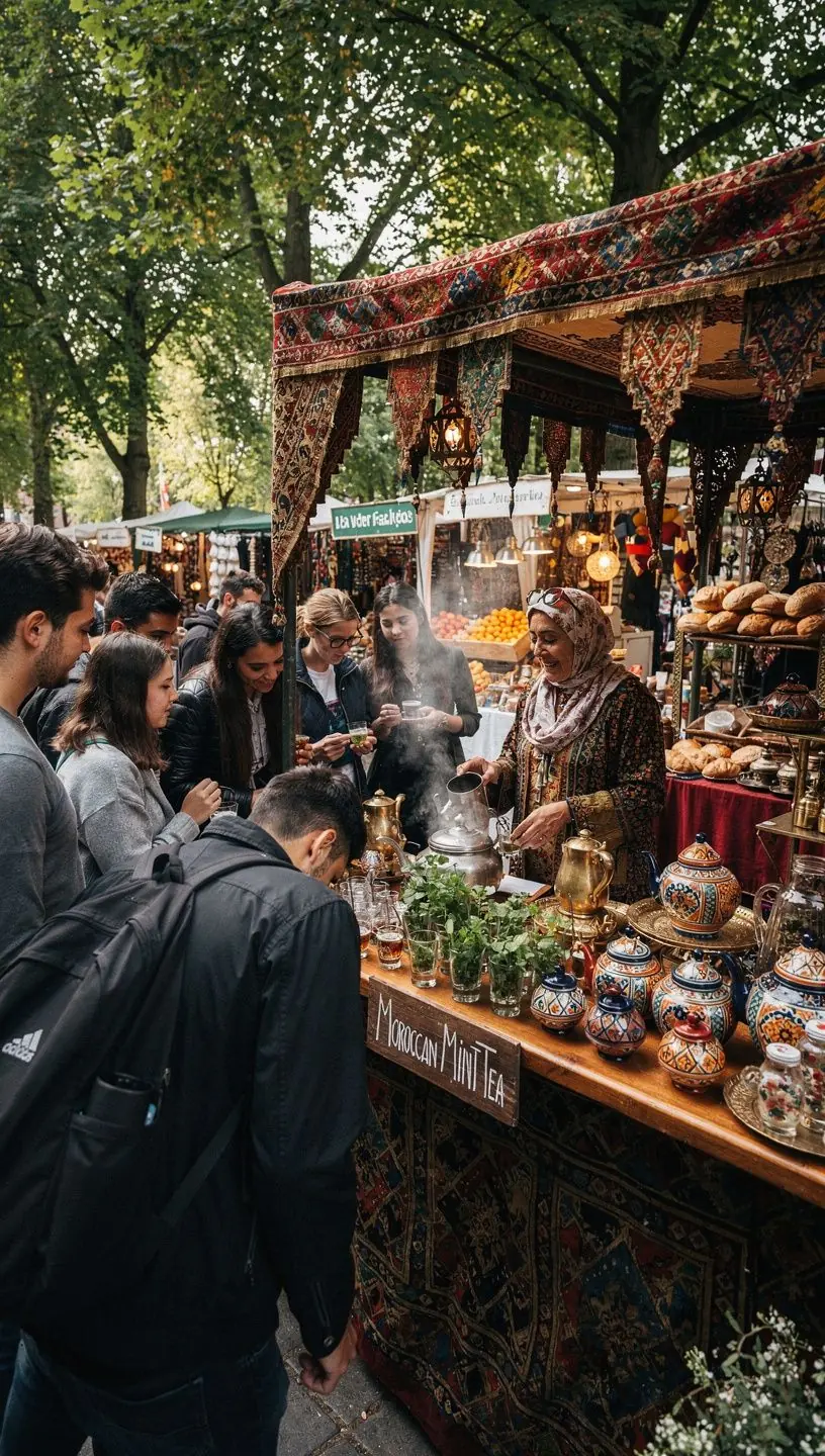 Tasse de thé à la menthe marocaine fumante sur une table en bois traditionnel.
