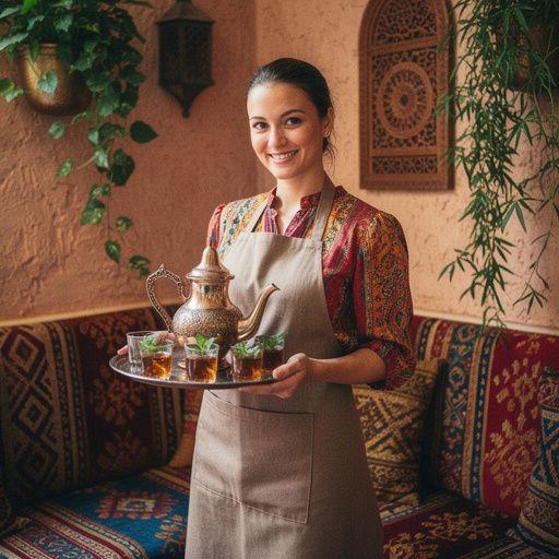 Une main versant délicatement du thé à la menthe dans une tasse en verre transparent.